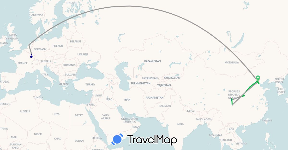 TravelMap itinerary: driving, bus, plane, hiking in China, France, Luxembourg, Netherlands (Asia, Europe)
